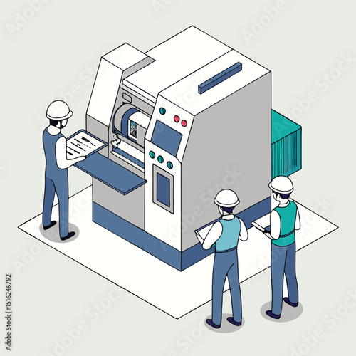 Isometric illustration depicting technicians reviewing the printing process on a high-tech industrial printing machine.