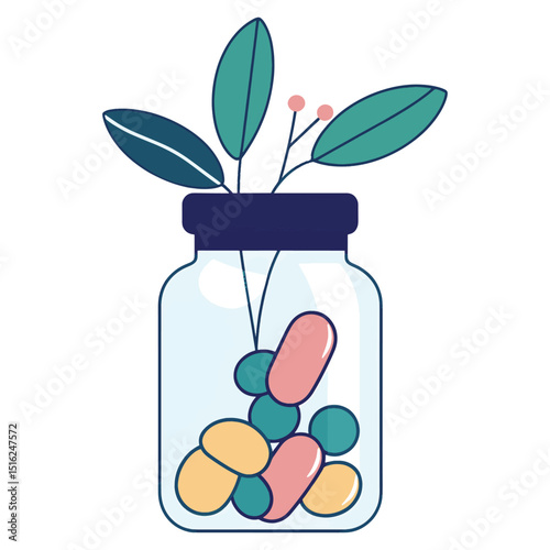 Herbal supplement pills in glass jar with plant
