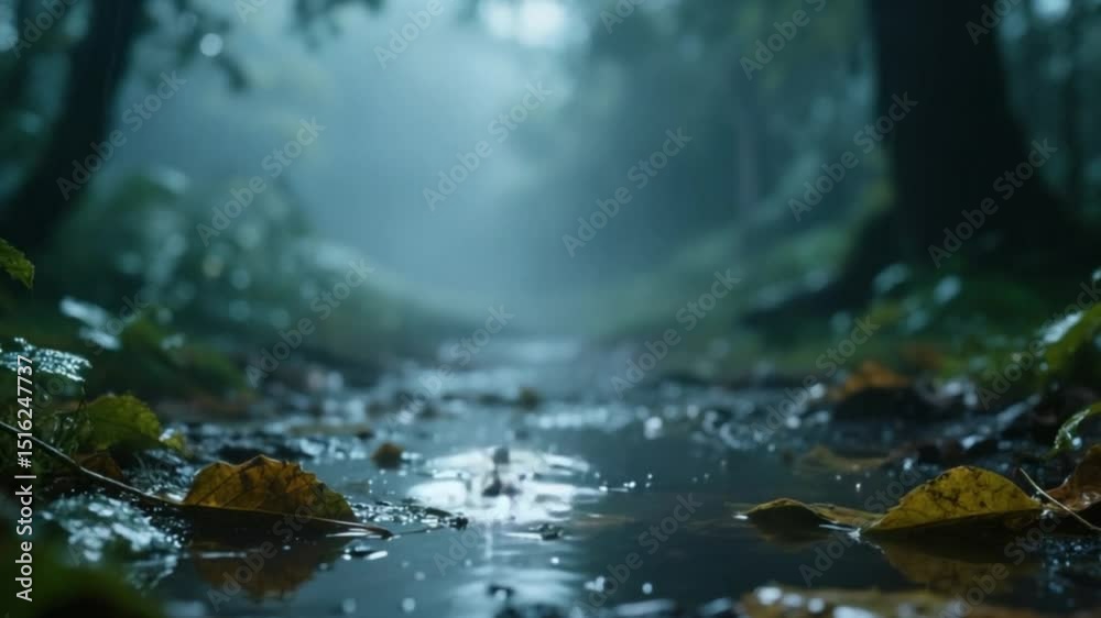 Nature rain with wet leaves and puddle, moody forest weather, atmospheric rainy day with bokeh background, melancholic outdoor scene in autumn  hd video  Download.
