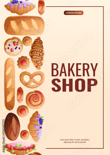 A design template for a bakery flyer. Various types of baking. The concept of confectionery, cooking, in. Vector illustration of A4 format for posters, banners