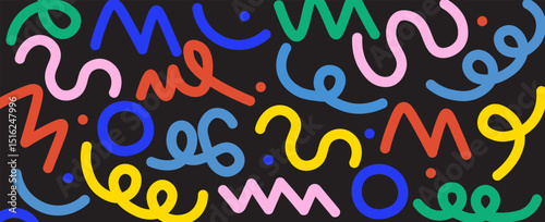 Memphis seamless geometric pattern. Multicolored abstract background in retro style of the 80s, 90s with various shapes: circles, dots, zigzags, spirals, wavy lines. eps 10