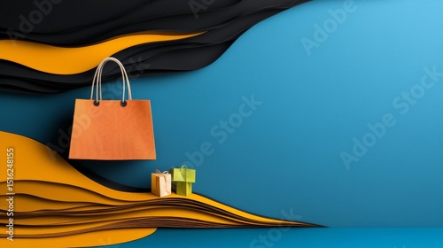 Black Friday shopping concept with paper cutout style shopping bag and gifts on colorful background photo
