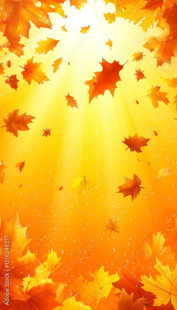 Obraz premium Golden Autumn, Falling Leaves Background A Vibrant Nature Scene of Leaves and Sunlight