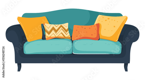 Cozy teal sofa with colorful throw pillows