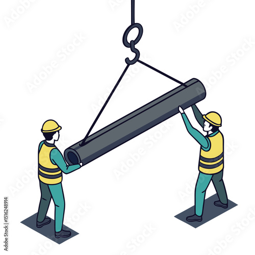 Construction workers guiding a heavy pipe suspended from a crane hook in an isometric illustration