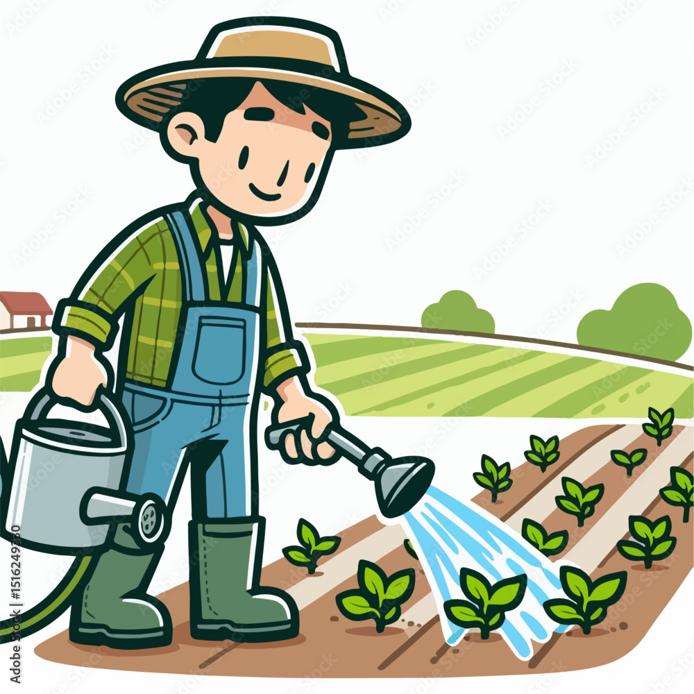 Obraz premium cartoon vector illustration of farmer watering plants