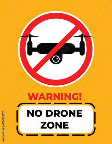 A bright yellow sign indicates a "No Drone Zone" with a graphic of a prohibited drone symbol.