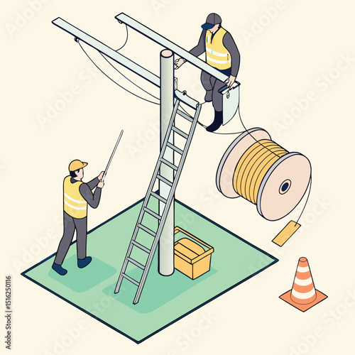 Electricians installing cables on a power pole with safety gear and equipment in isometric illustration