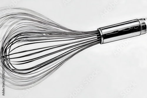 a kitchen whisk mid-spin breaking into wind currents that form abstract musical notes, frozen in a weightless moment against a pristine