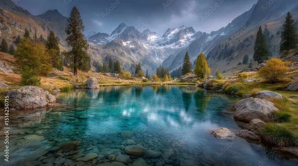 Fototapeta premium Alpine Lake Reflection with Mountains, and Autumn Landscape.