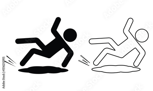 Slippery floor road icon vector design. Silhouette of  Man slipped on slippery floor, Falling person black icon silhouette pictogram. Vector illustration.