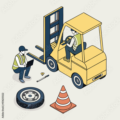 Isometric illustration of two forklift operators conducting maintenance repairs and safety procedures in the workplace.