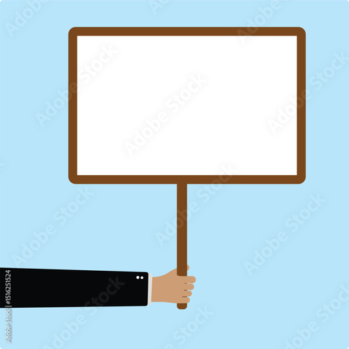 Hand holding a white blank wooden Placard. Placard with place for text. Hand with clean white Placard.