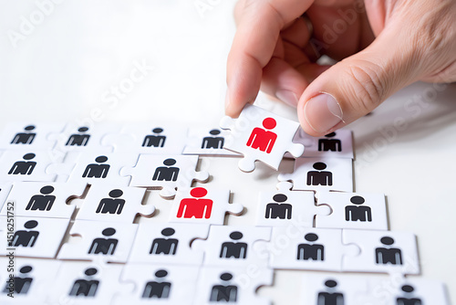Human resources and recruitment concept hand placing a puzzle piece into a team formation representing the hiring process