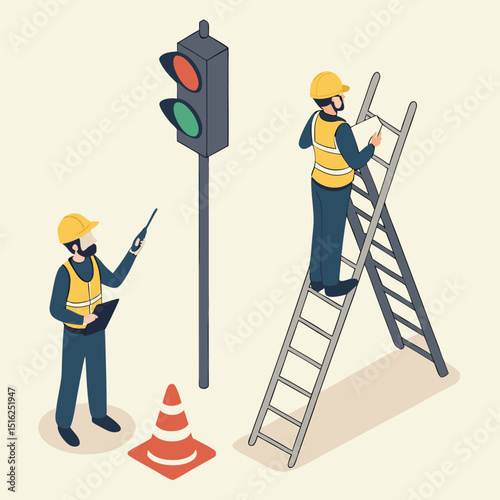 Isometric illustration of traffic light technicians working on roadside infrastructure maintenance