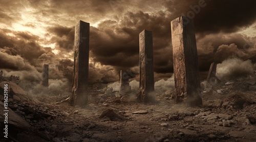 Grim, desolate landscape with weathered wooden pillars amidst debris