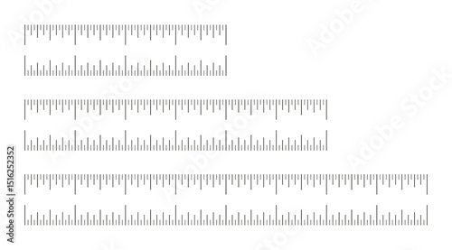 Measuring chart with 4, 6, 8 inches. Set of ruler scales. Black sewing tool flat mockup. Length measurement math, distance, height ruler pattern. Graphic minimalist illustration.