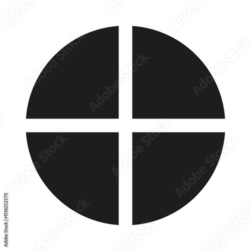 Circle division on four equal parts icon. Wheel divided diagrams with 4 segments. Infographic simple black round element. Coaching blank flat template.