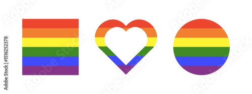 Rainbow flag heart frame. Gay pride circle, square backdrops. Progress Logotype symbols badges. LGBT icon. Stickers in rainbow colors set. Rounds, hearts, rectangles button. Minimal template design.