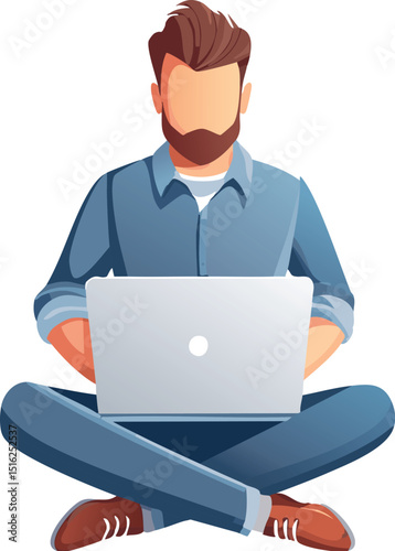  guy working with his laptop, do not show face just a body figure, white background