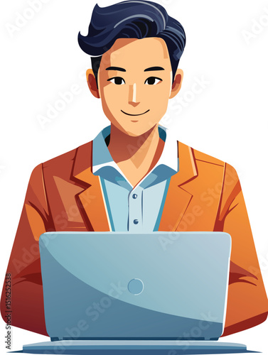  guy working with his laptop, do not show face just a body figure, white background