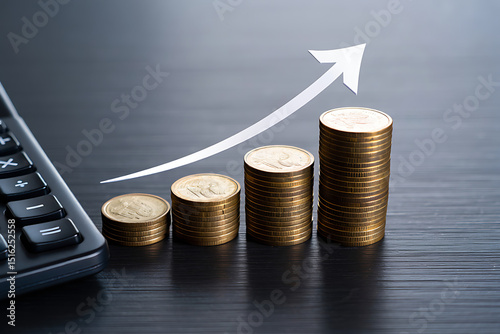 Rising financial growth depicted with stacks of coins and a growing white arrow indicating a positive investment trend