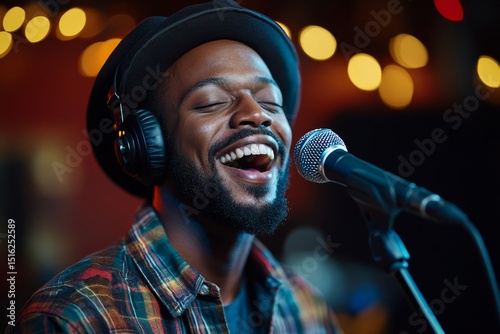 A man singing into a microphone with headphones and a hat in a dimly lit performance space