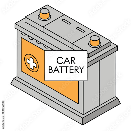 Isometric illustration of a car battery with a plus sign symbol for automotive power and energy source.