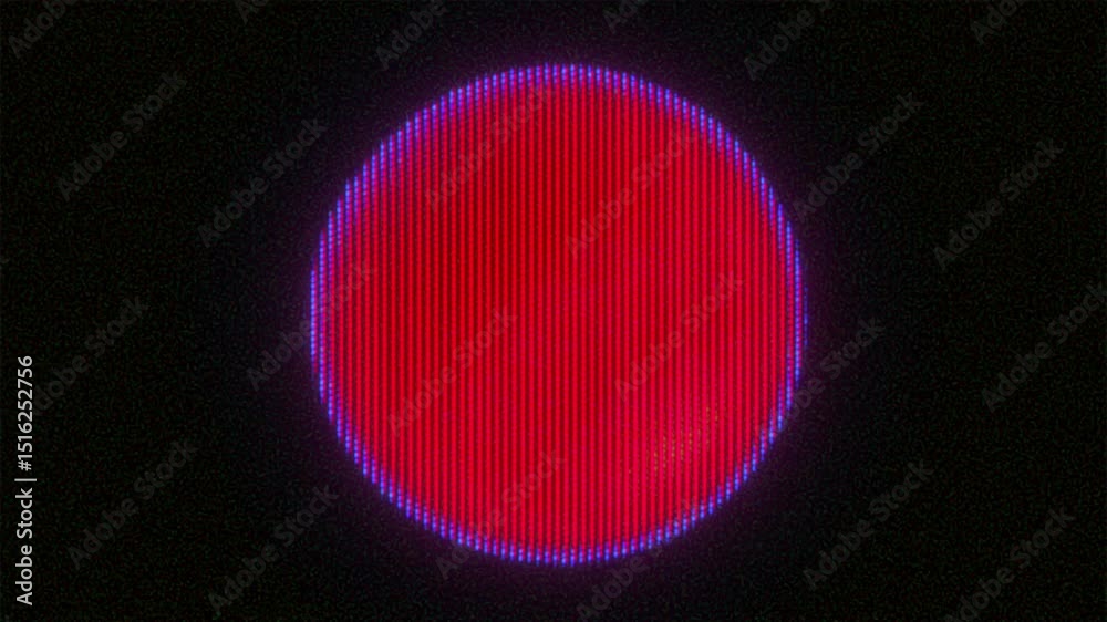4K Seamless loop of glowing red circle with purple CRT halo and pixel scanlines, analog glitch flicker for motion graphics overlay, screen mode, cyberpunk minimalism and tech interface aesthetic
