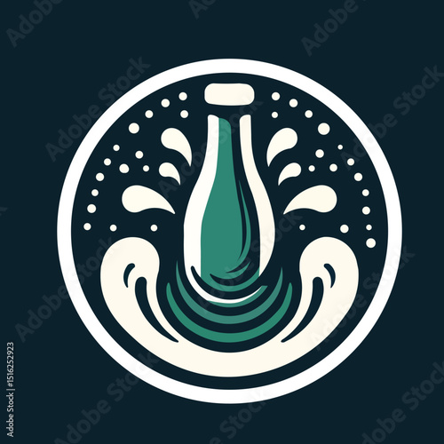 A stylized logo features a central bottle shape from which water pouring surrounded by splashes and ripples all enclosed within a white circular border against a dark background