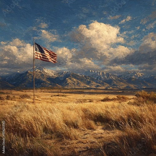 American flag waving in golden field with mountain landscape
