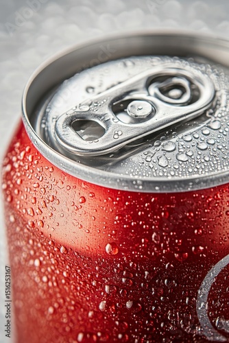 Close up of a red soda can with water droplets on the surface and a silver top and opening mechanism