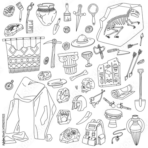 2set of doodle illustrations of archaeological objects. Collection of historical finds is monochrome. For educational projects, infographics, books, presentations, design on historical topics