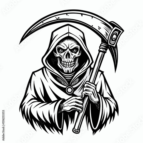 Grim Reaper with Scythe – Line Art Vector