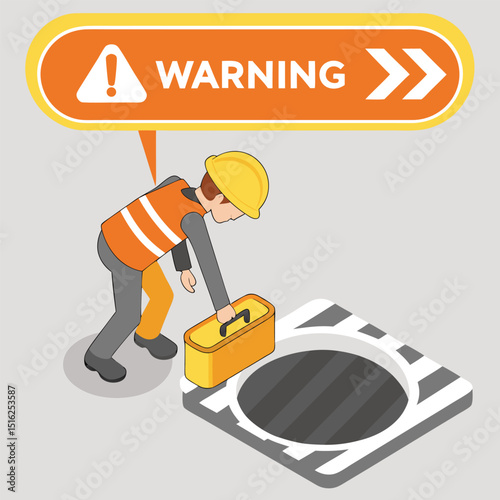 Construction worker with a warning sign about an open manhole cover with his toolbox safety and hazard illustration
