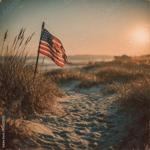 American flag on beach sunset
