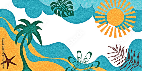Summer multicolor frame, sea and sky, sun and tropics, summer vacation, noisy texture, vector banner