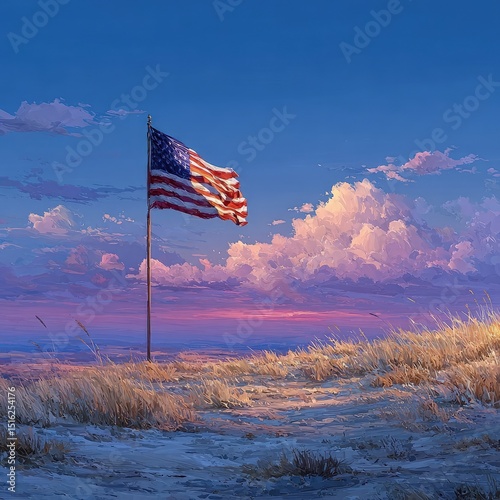 American flag sunset landscape illustration