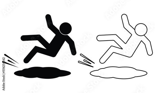 Slippery floor road icon vector design. Silhouette of  Man slipped on slippery floor,  falling person black icon silhouette pictogram. Vector illustration.