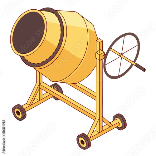 Isometric illustration of a bright yellow concrete mixer on wheels perfect for construction projects