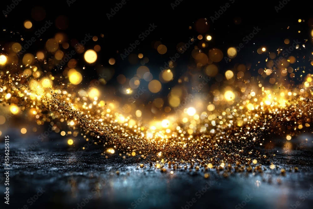 Fototapeta premium Sparkling golden dust creates a magical atmosphere in a dark setting during a festive celebration