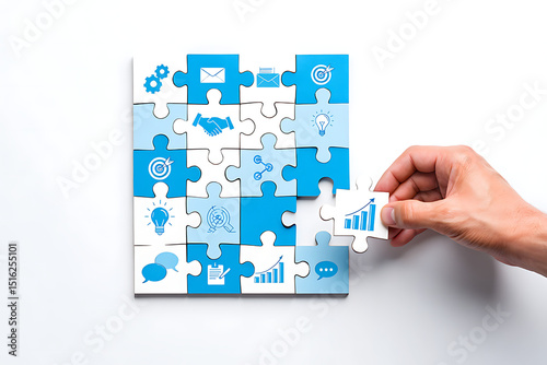 Assembling the business strategy a hand placing the final puzzle piece with growth charts