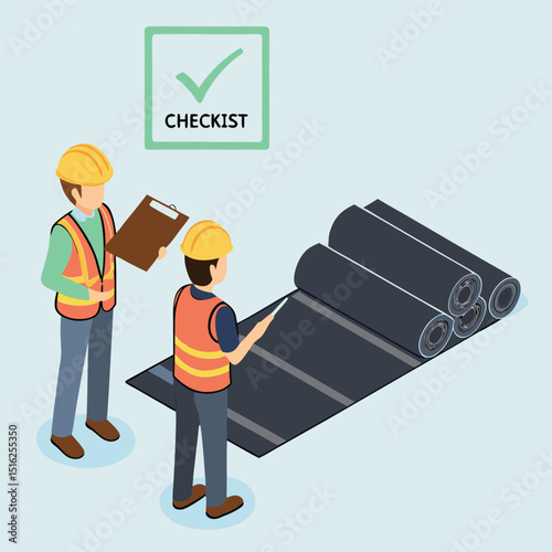 Construction workers inspecting roofing materials with a checklist concept for quality assurance and inspection.