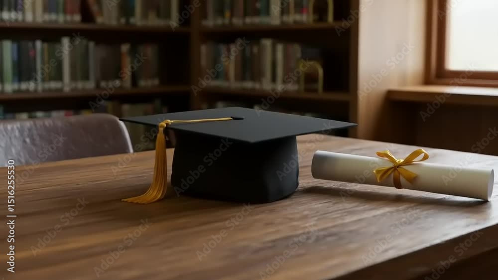 Graduation cap and diploma on wooden table in library, showcasing academic achievement and celebration