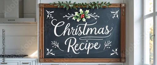 Panel kuchenny z motywem A beautifully designed chalkboard displays a Christmas recipe in white lettering, adorned with holly and leaves. The cozy kitchen features soft lighting and a festive atmosphere