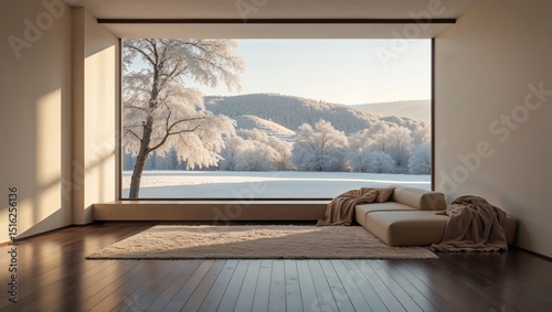 A cozy living room features a large window view of a snowy landscape during Christmas. Frosted trees and rolling hills are visible, creating a serene winter atmosphere
