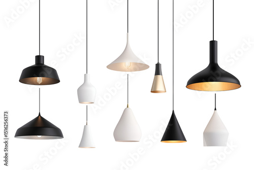 Set of different modern hanging lamps on white background. 