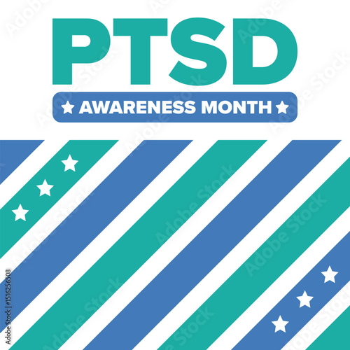 PTSD Awareness Month in June. Post Traumatic Stress Disorder. Celebrated annual in United States. Medical health care and awareness design. Poster, card, banner and background. Vector illustration