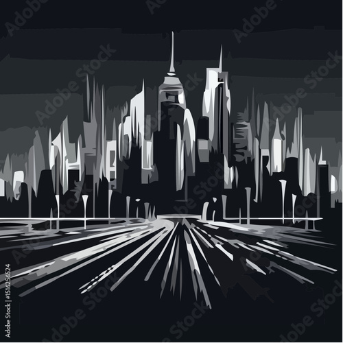 Abstract city skyline in black and white with dynamic lines  