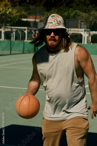 Middle-aged caucasian man playing basketball alone in the hotel of Turkey.